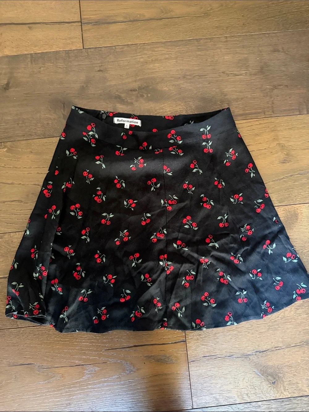 Reformation Black Cherry-Print Skater Skirt